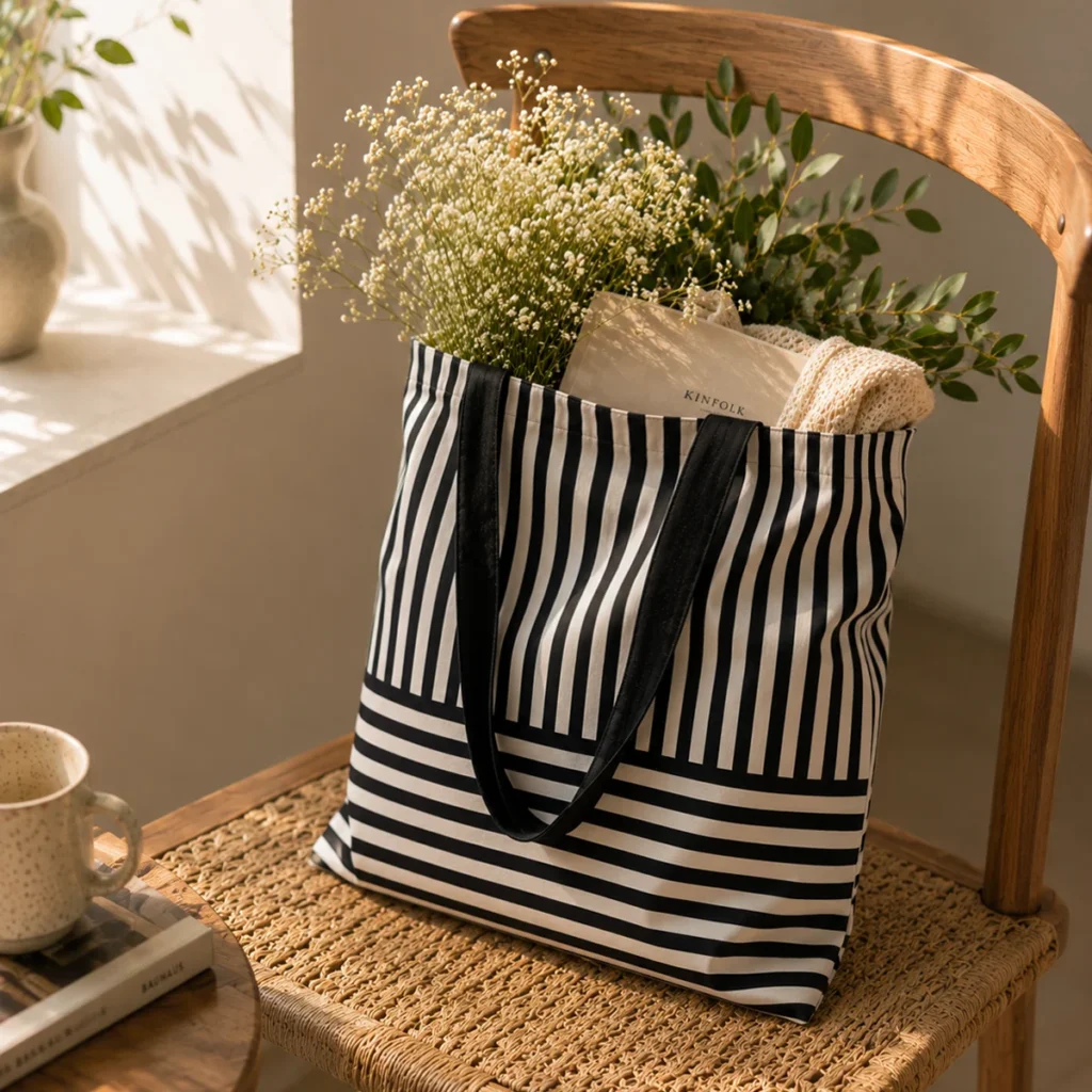 Black Striped Tote Bag With Zipper
