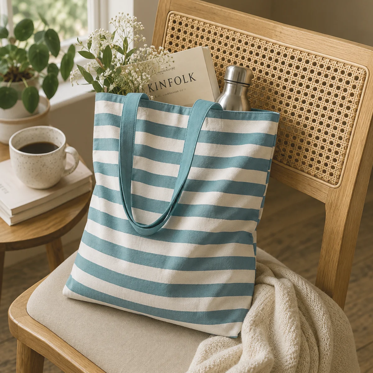 Light Blue Stripe Tote Bag With Zipper