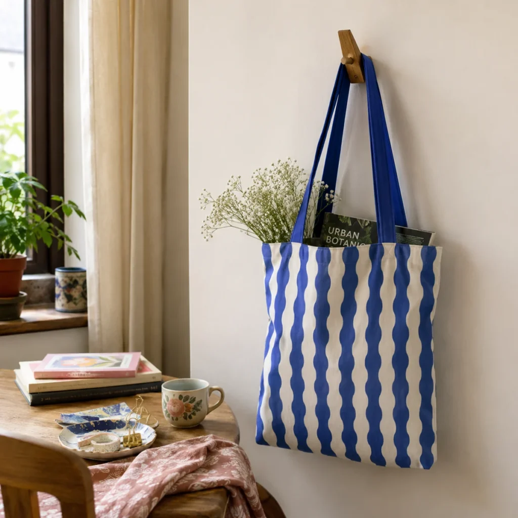 Navy Wavy Tote Bag With Zipper